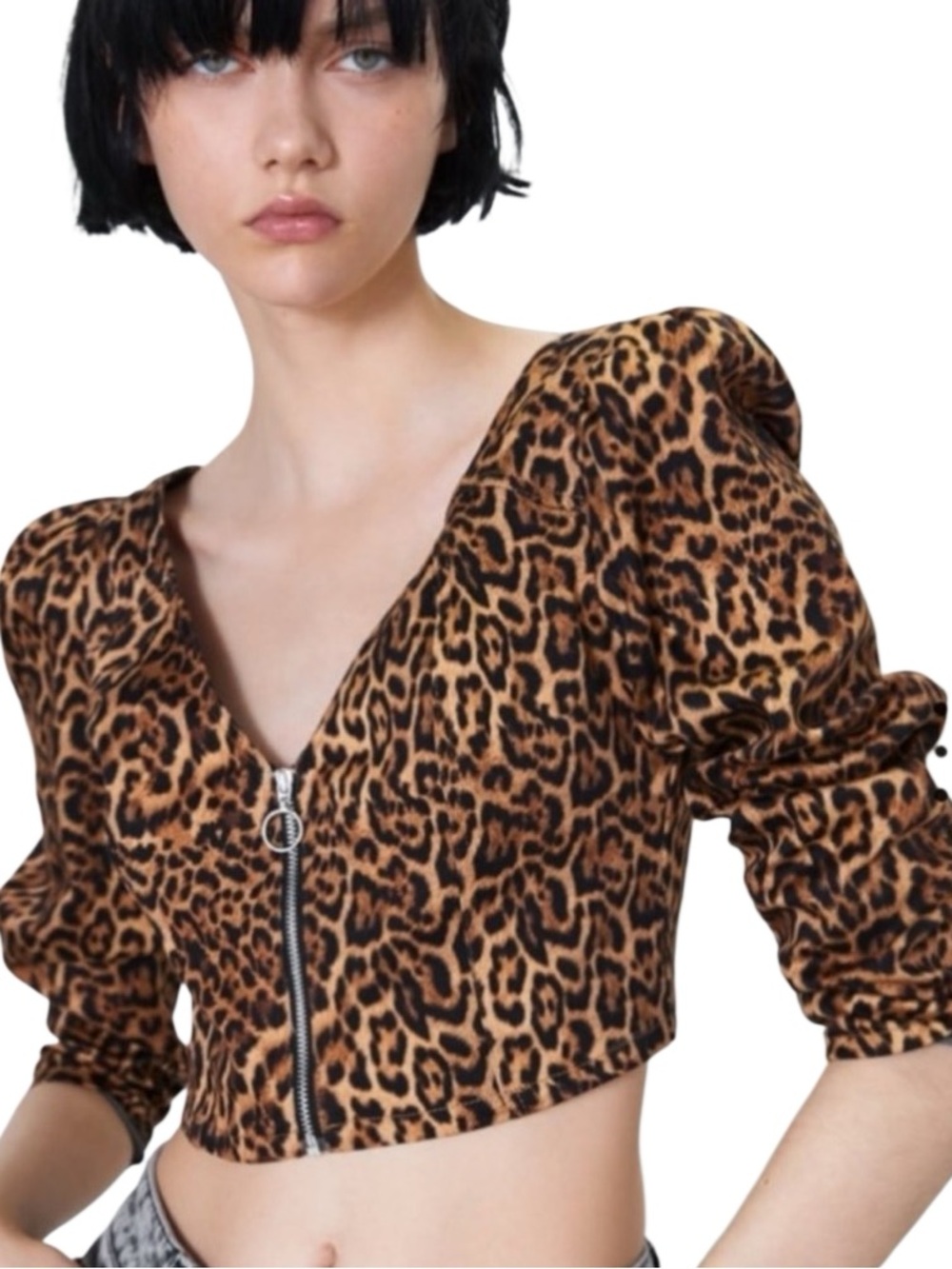 ZARA leopard print crop top puff sleeve size Small
